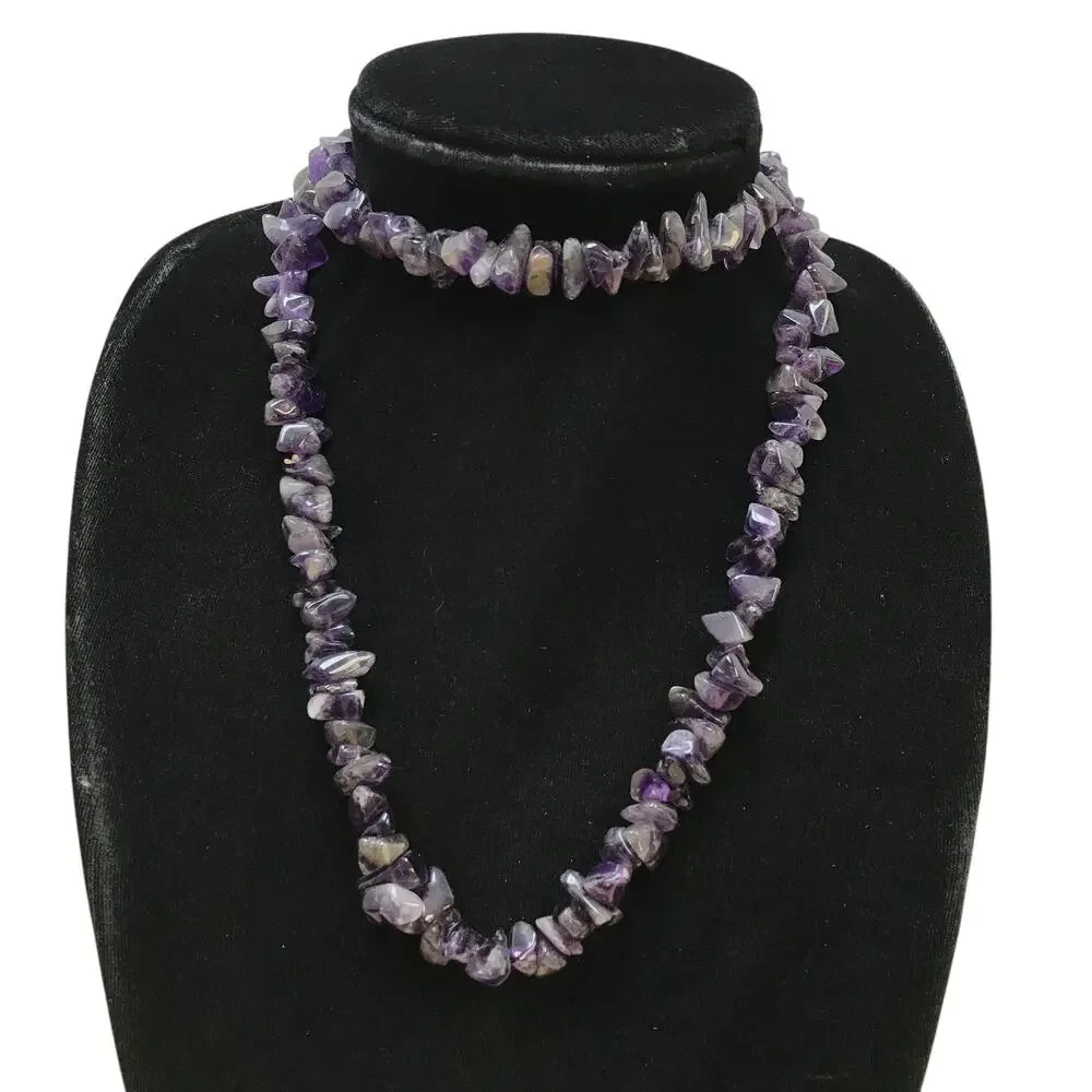 Vintage Amethyst Chip Nugget Bead Necklace Purple Infinity 148g 36” Handmade